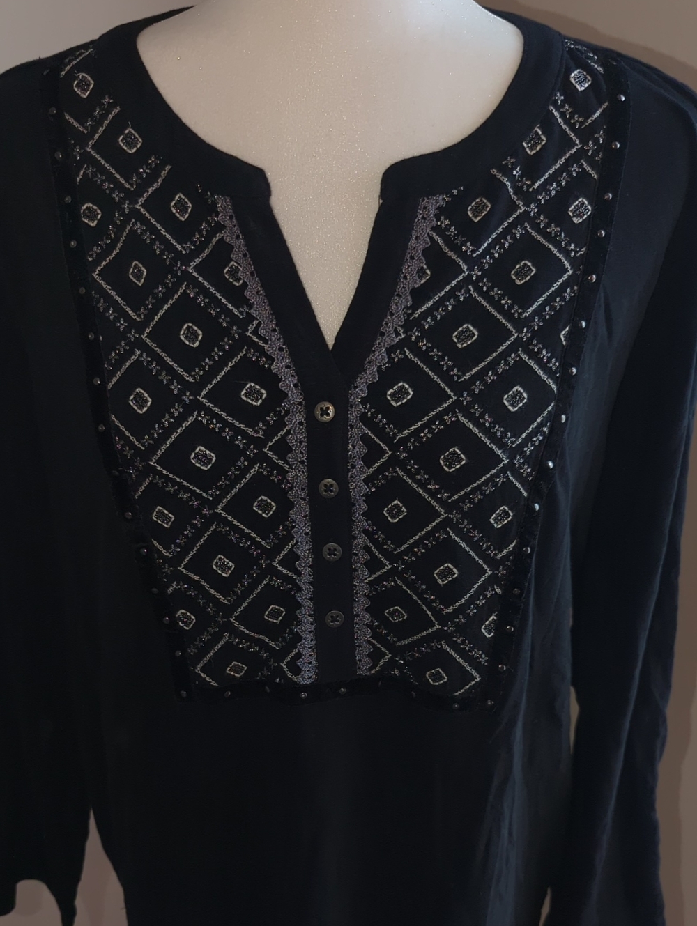Black Embroidered V-Neck Women's Top
